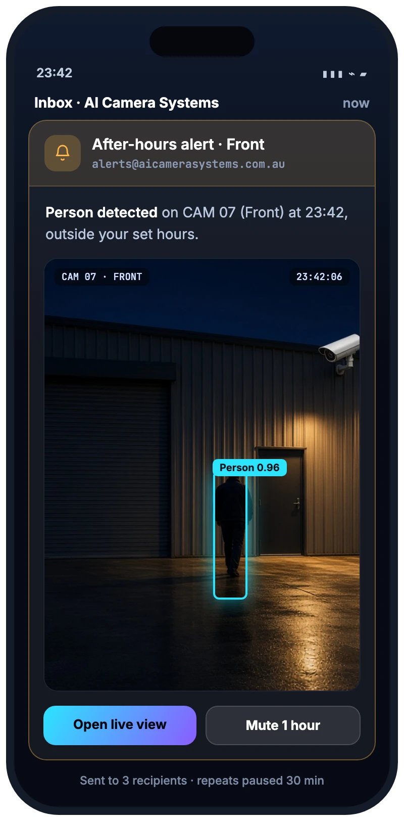 A phone showing the after-hours alert email with the camera frame attached